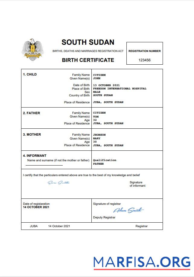 Downloadable South Sudan vital record birth certificate Word and PDF template